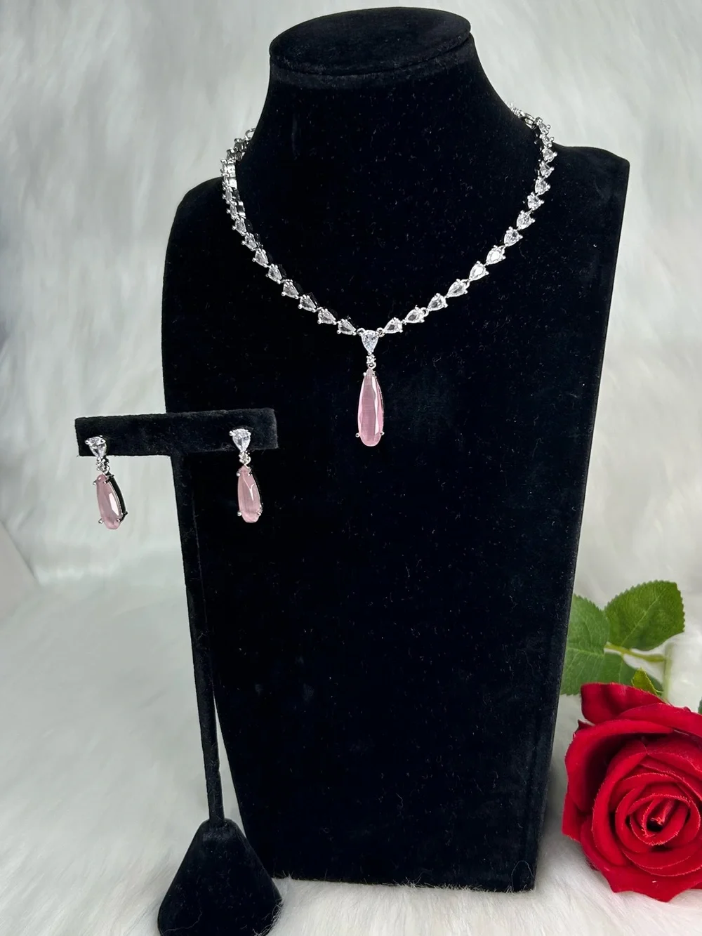 Pink Silver Ad Necklace and Earrings Set